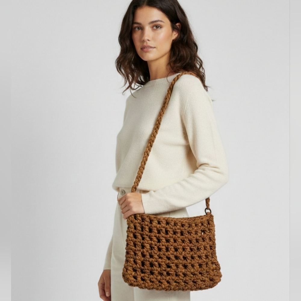 Handmade Macramé Hobo Bag Brown T-Shirt Yarn Woven Knot Shoulder Bag Boho Chic